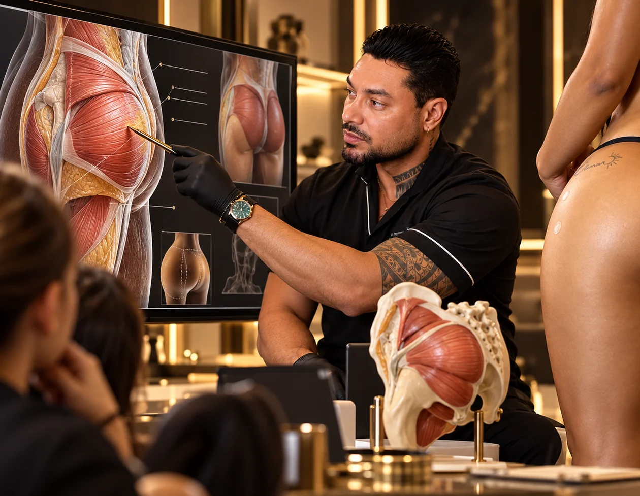 Aula de anatomia glútea em ambiente premium de formação
